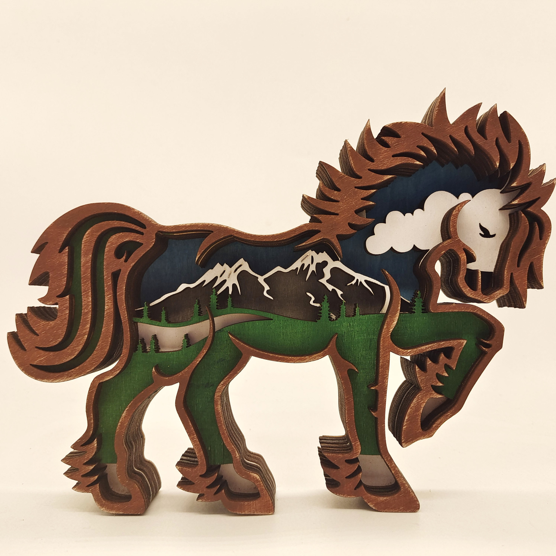 Cross-border new wood carving animal handicraft creative holiday home desktop decoration multi-layer carved wooden horse ornament