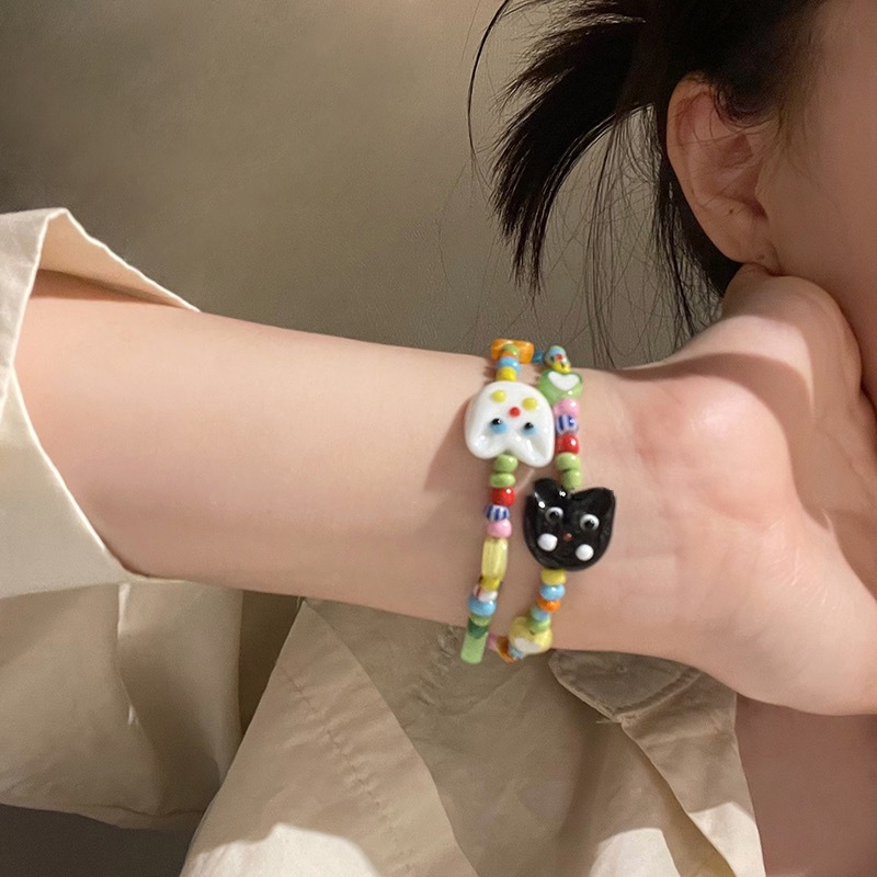 Cute love meow bracelet couple bestie bracelet cartoon colorful beaded bracelet sweet girl heart small rubber band