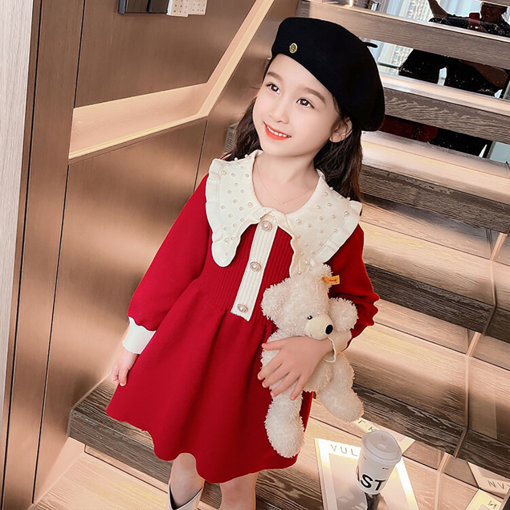 2024 spring new dress long sleeve beaded collar baby Western style dress little girl princess children sweater dress