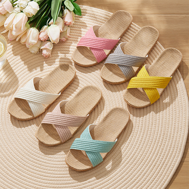 Linen Slippers Home Indoor Couple Wood Flooring Cotton and Linen Slippers Home Non-Slip Thick Sole Summer Sandals for Men and Women