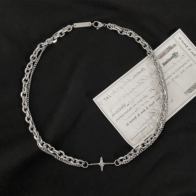 Simple Cross Double-layer Chain Stitching Necklace Men's ins Cold Style Hip-hop Distinctive Clavicle Chain Jewelry