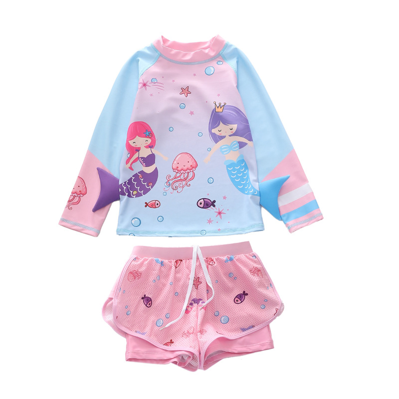 New children's swimsuit girls' two-piece long-sleeved beach sports Net boxer skirt swimsuit small medium and large children's swimsuit