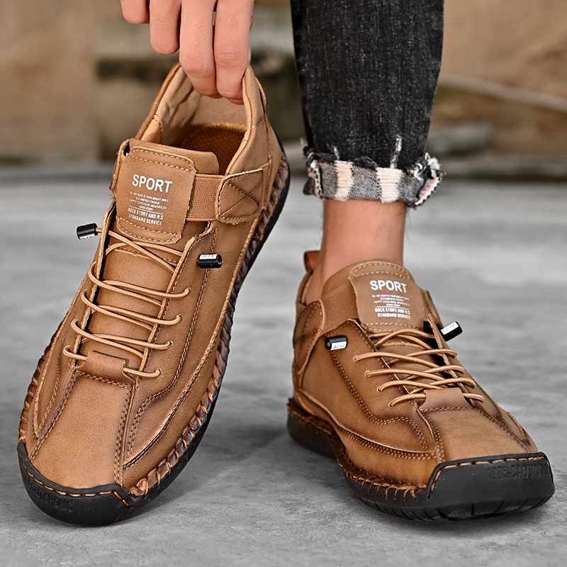 Cross-border plus size men's leather shoes low-top handmade stitching casual men's shoes flat slip-on loafers men's driving shoes