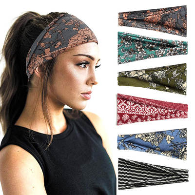 European and American Cross-border Amazon Women's Sports Headband Yoga Hair Band Sweat Absorbing Band Anti-sweat Wide-brim Printed Headscarf Hair Accessories