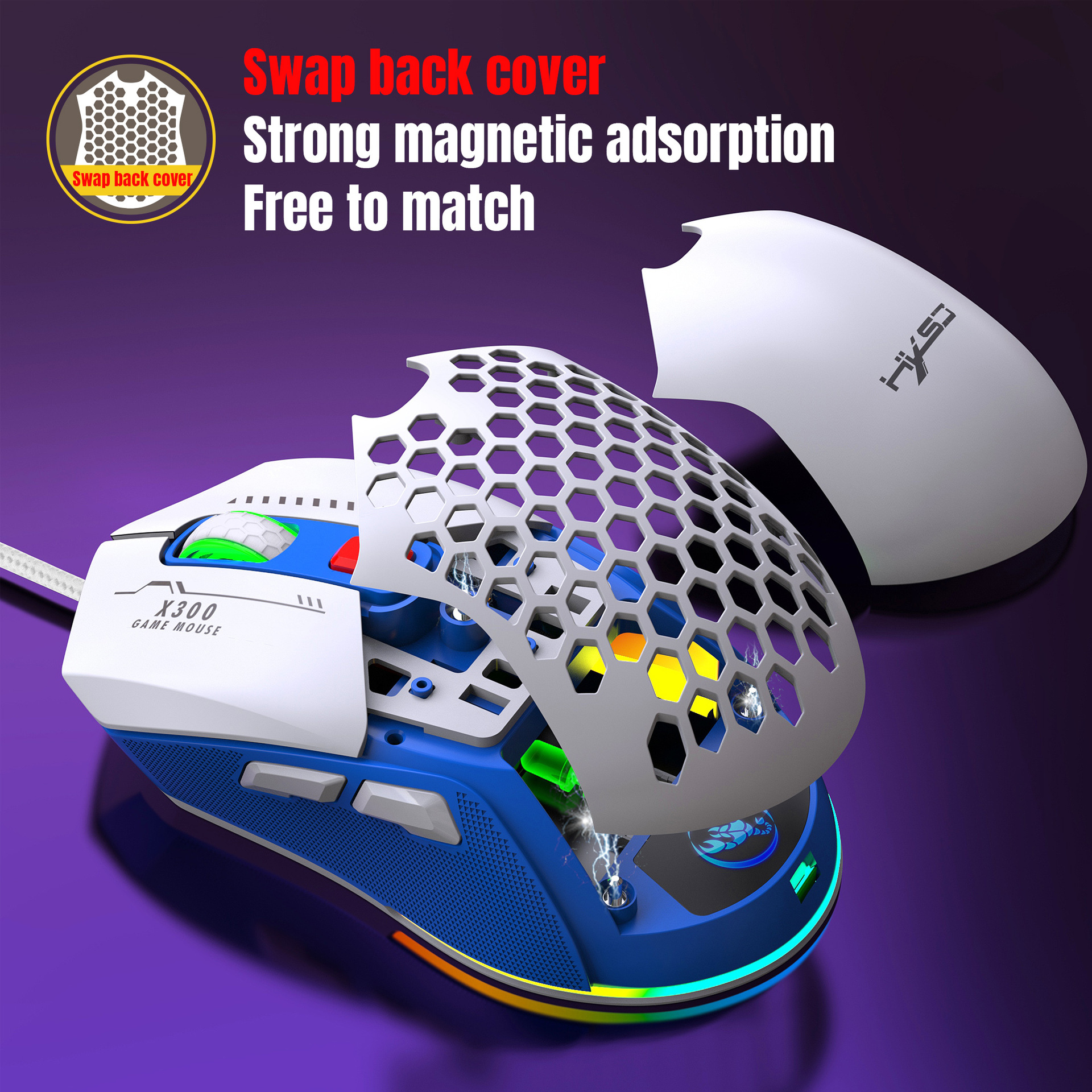 2022 Wired Mouse RGB Backlight 7200dpi Hole Gaming Mouse Interchangeable Back Cover Lightweight MOUSE