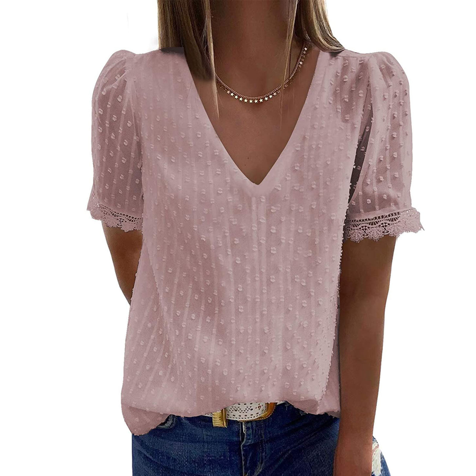 Solid Color Jacquard Lace V-Neck Casual Shirt