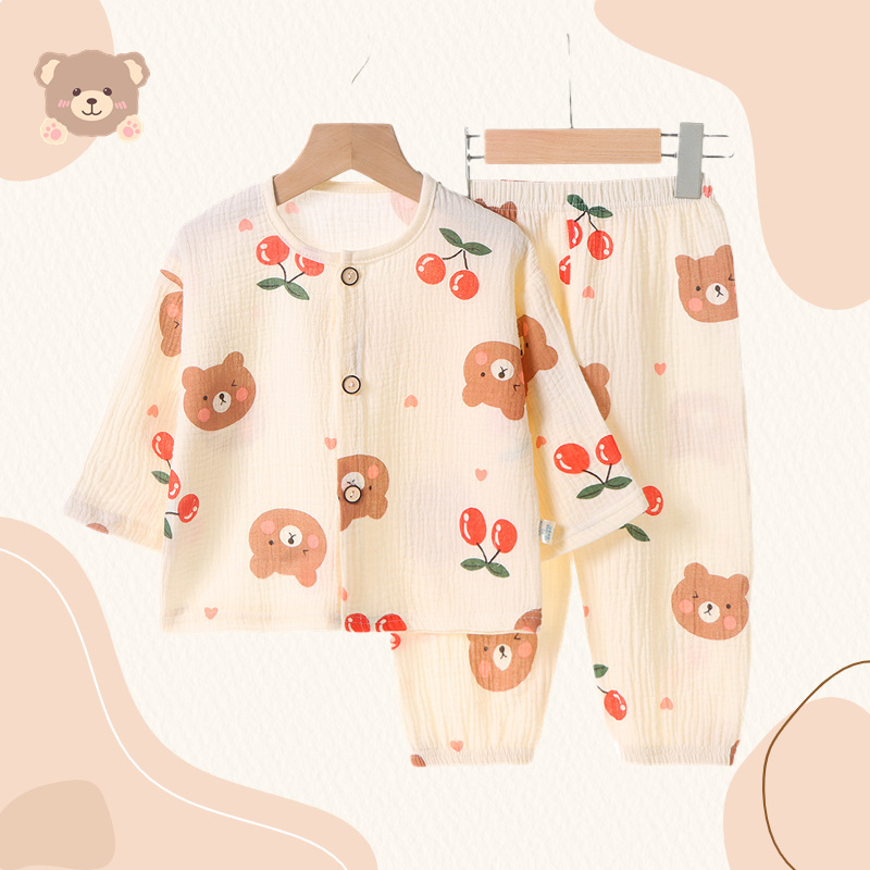 Children's Cotton and Linen Home Clothes Boys' Double-layer Cotton Gauze Girls' Short-sleeved Thin Suit Baby's Summer Air Conditioning Pajamas
