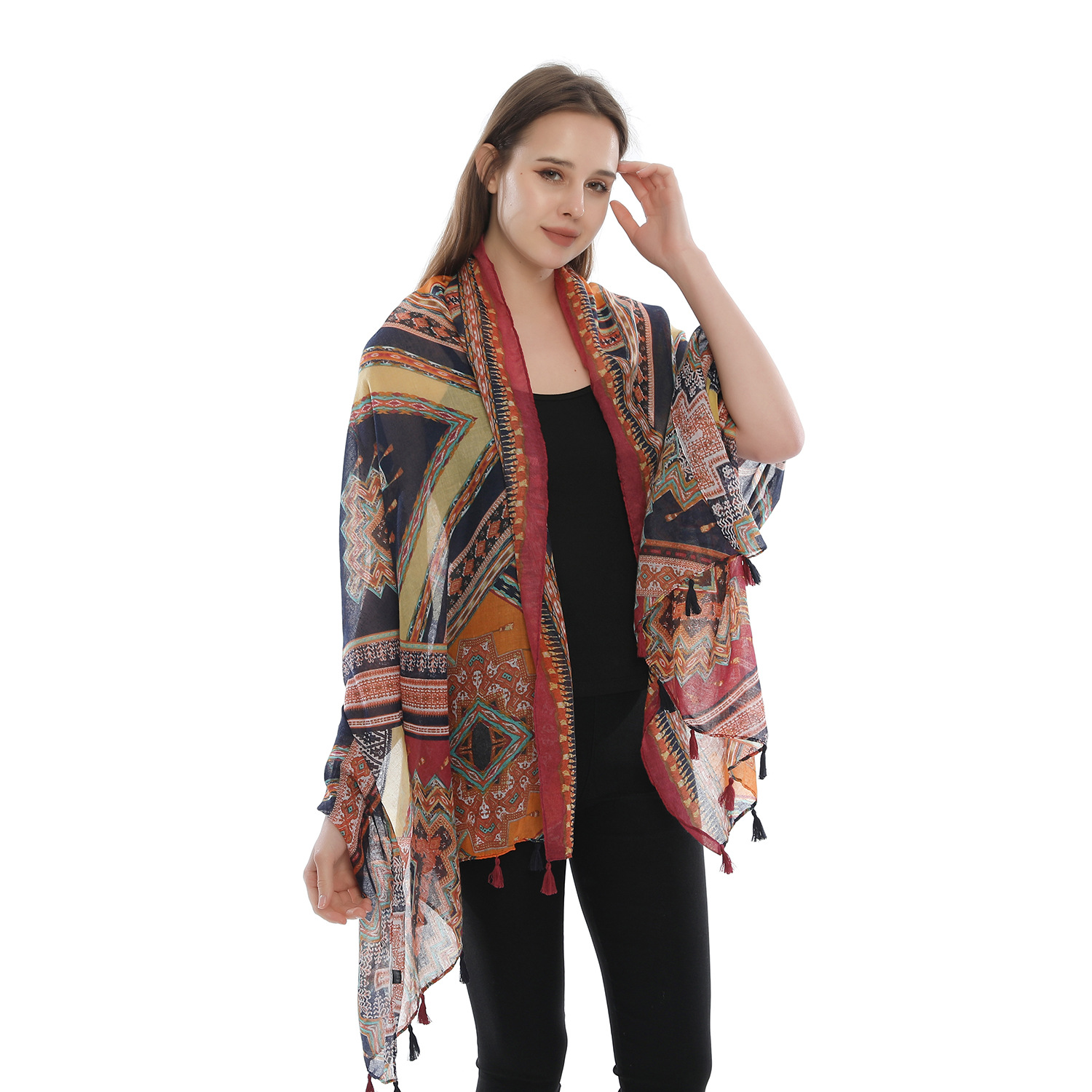 New Ethnic Style Color Geometric Diamond Totem Printed Cotton and Linen Scarf Women's Thin Travel Sunscreen Long Scarf