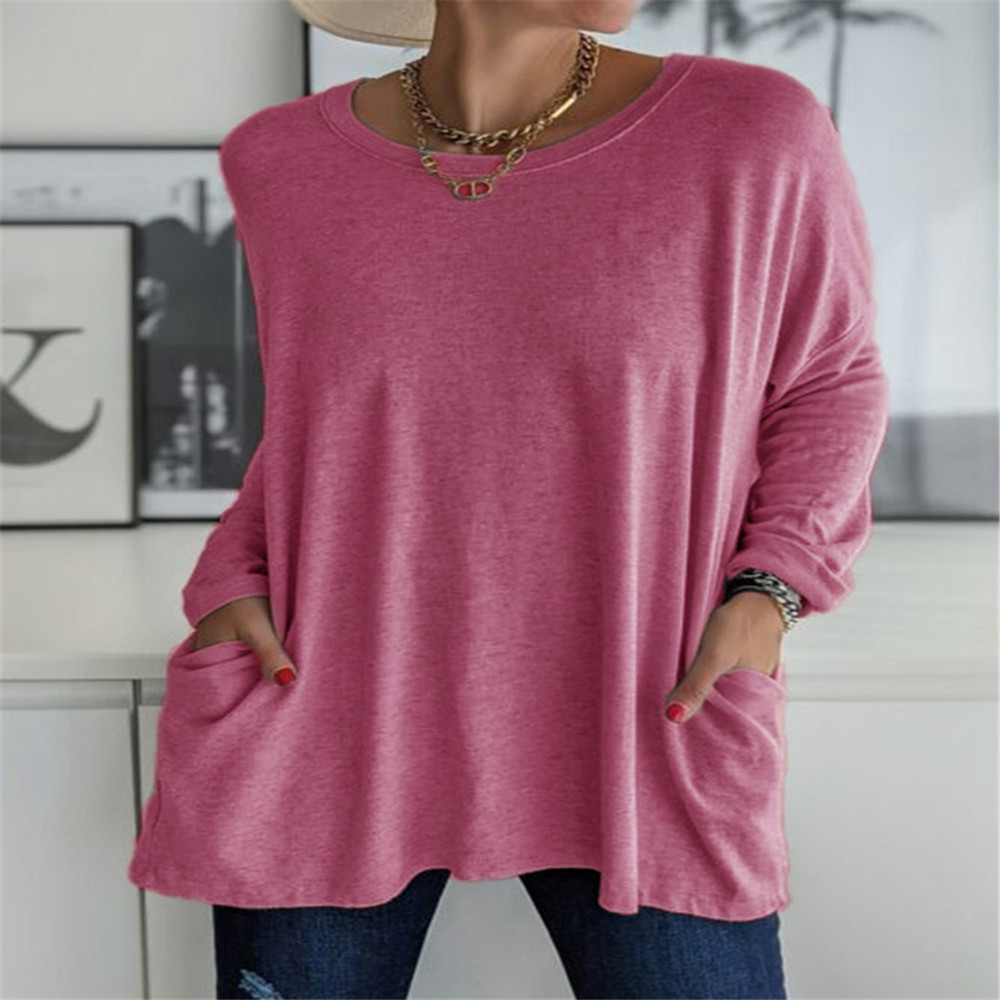 Ebay Amazon wish spring and summer new European and American crew neck long sleeve loose pocket solid color T-shirt casual women's clothing