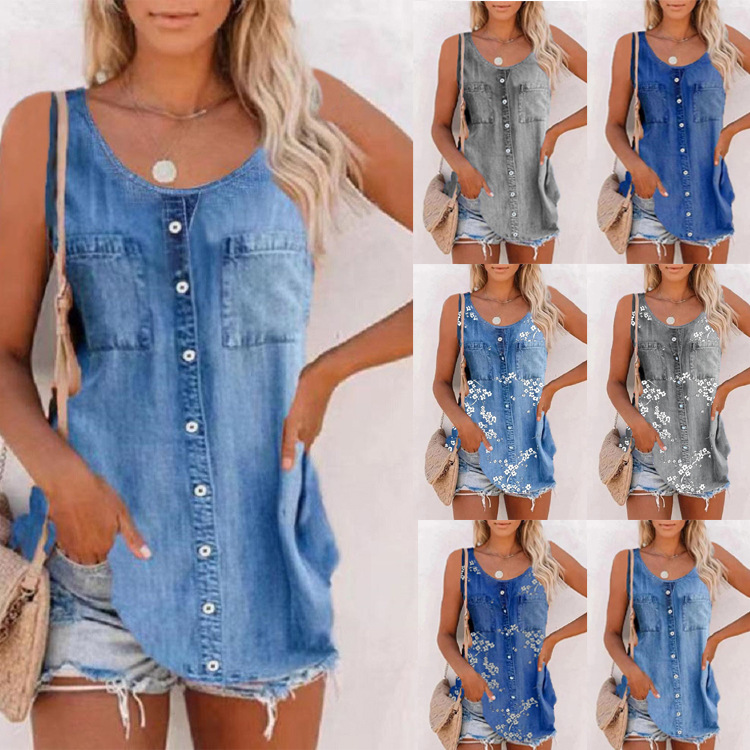 European and American Women's Cross-border Amazon 2023 Summer New Fashion Imitation Denim Vest Casual Printed Sleeveless Top