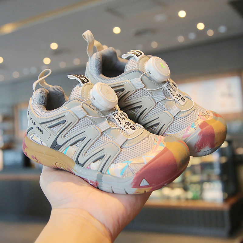 Boys' shoes 2024 autumn new children's outdoor sneaker girls' rotating buckle soft bottom hiking shoes running shoes