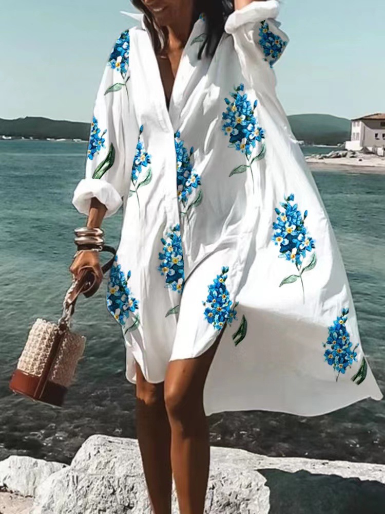 9392 Amazon Foreign Trade Fashion Women's Loose New Digital Printing Long Sleeve Lapel Shirt dress