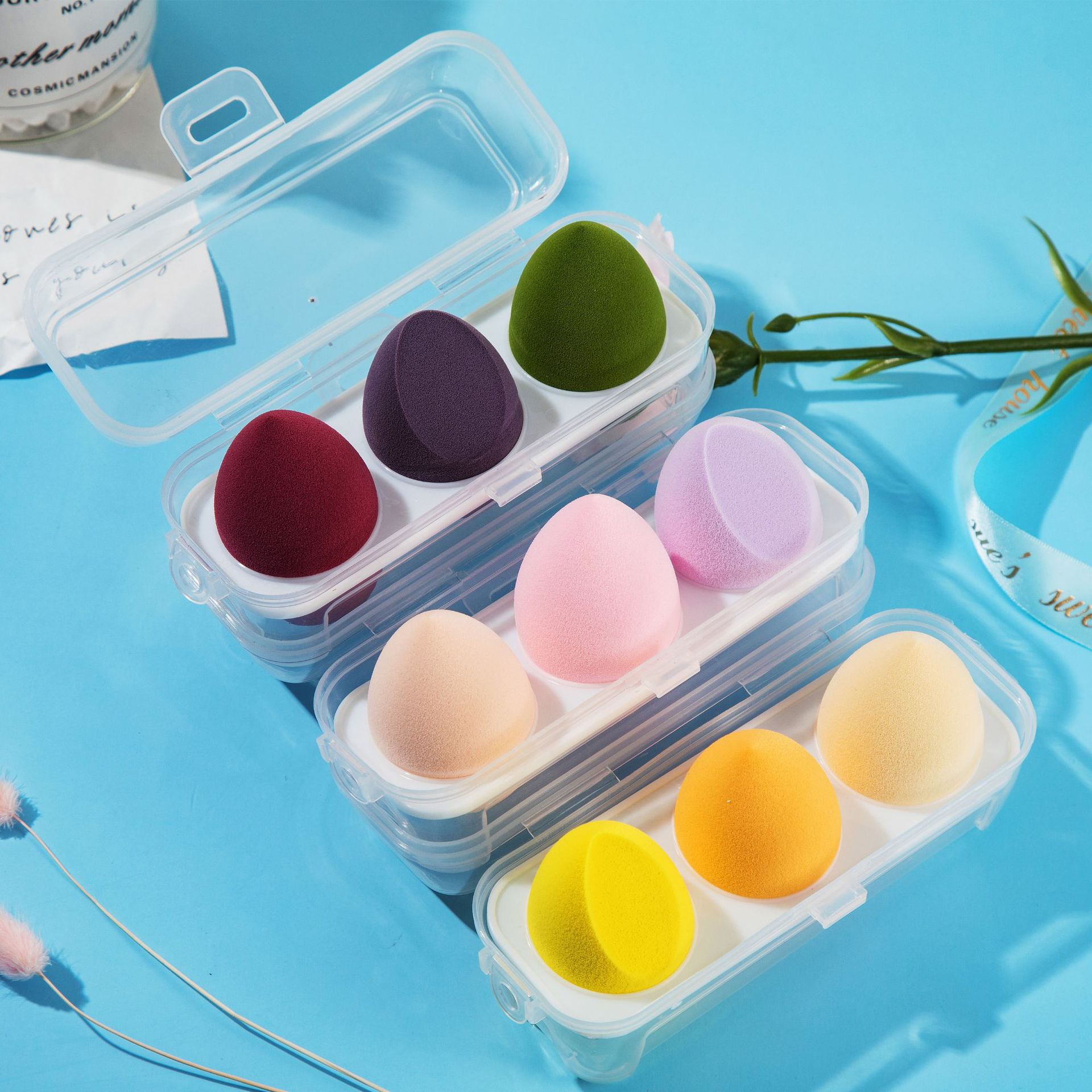 Spot wholesale super soft beauty makeup eggs do not eat powder three-grid beauty makeup egg powder puff set in water to become wet and dry