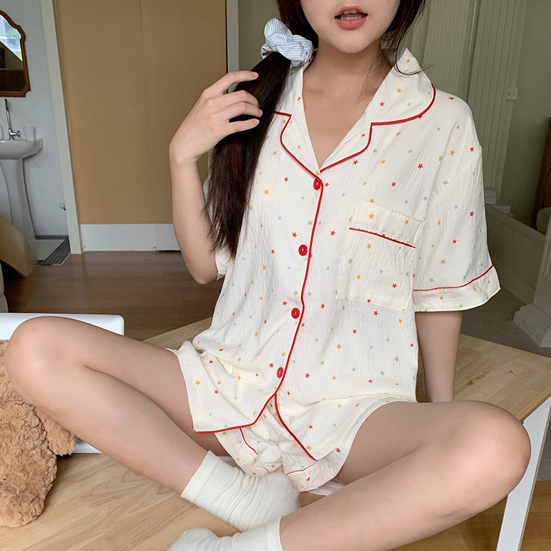 Summer Clouds Cotton Short-sleeved Shorts Pajamas suit Women's Lapel Women's Simple Outwear Home Clothes for Women