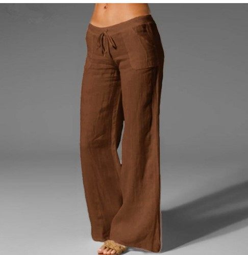 Spot 2023 New Amazon Explosions Women's Mid-Waist Wide Leg Pants Big Foot Pocket Cotton and Linen Casual Pants