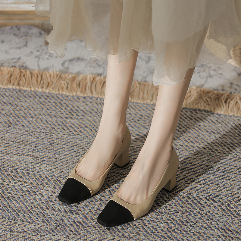 Genuine Leather Color Matching Chanel Style Thick Heel Single-layer Shoes Women's Autumn 2023 New All-match French Mid-heel Shallow Pumps High Heels