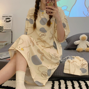Girl's Nightdress Short-sleeved Korean-style Cartoon Student's Home Clothes Summer Pajamas Thin Large Size Long Over-the-Knee Dress