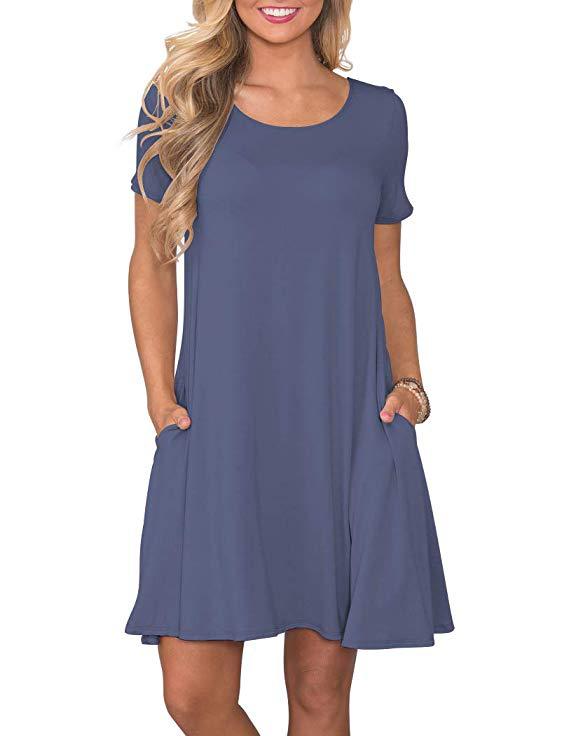 2022 European and American Foreign Trade Cross-border New Amazon Round Neck Solid Color Casual Pocket Short Sleeve Large Swing Dress Women's Clothing