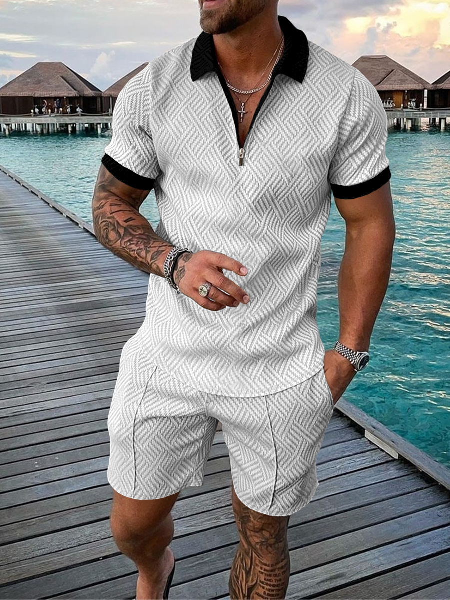 2022 cross-border European and American men's new independent station supply casual contrast color POLO zipper turtleneck short sleeve suit