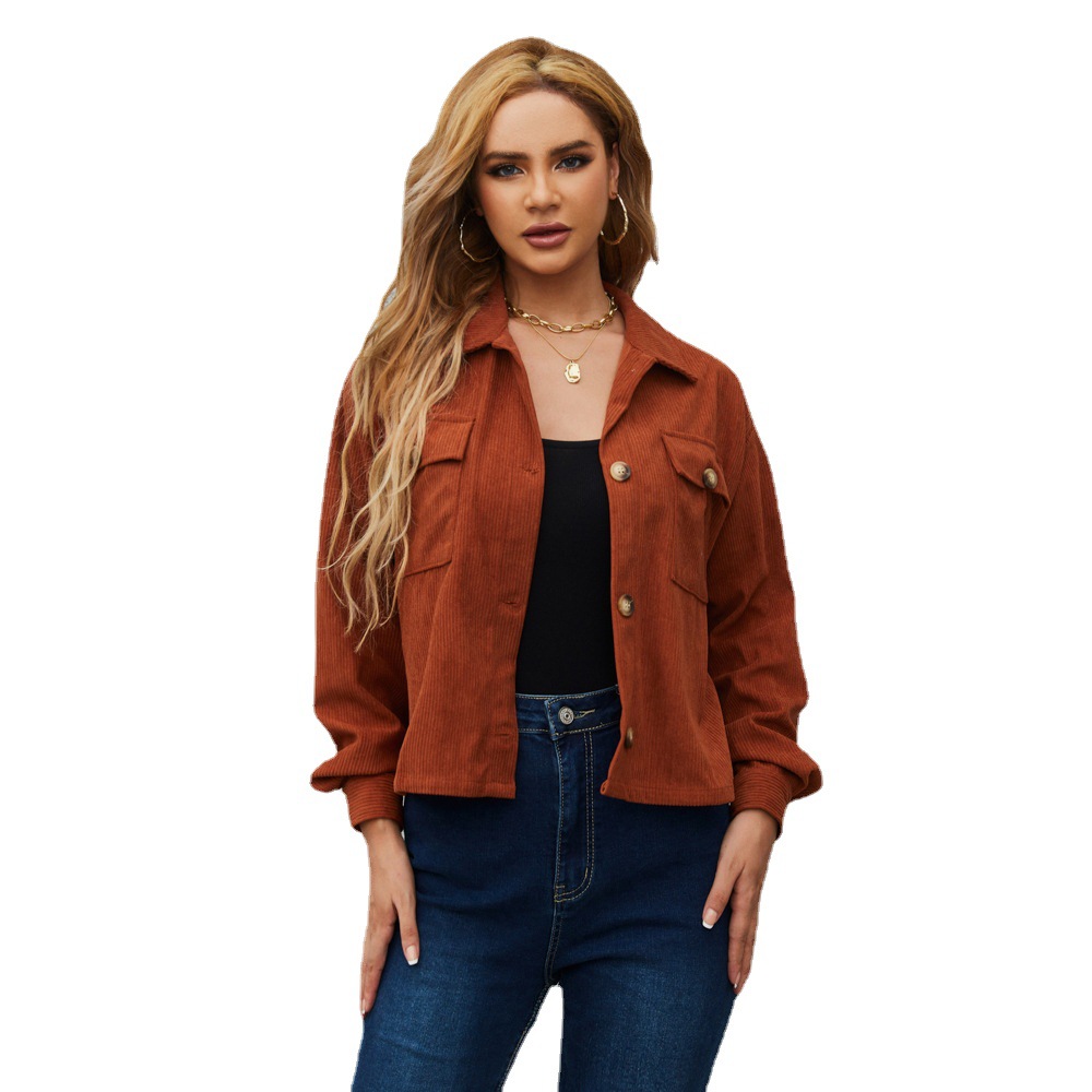 polo short corduroy long-sleeved shirt solid color coat women's autumn and winter lapel loose pocket jacket jacket