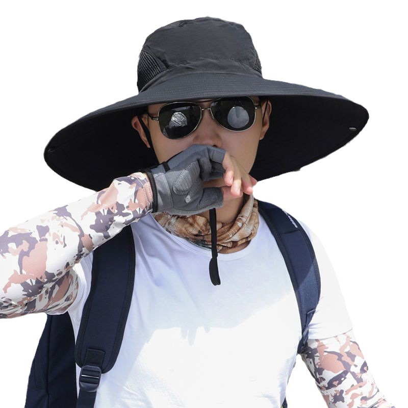 Sun Hat Men's Summer Outdoor Fishing Hat Sunscreen Hat Face-Covered Anti-UV Breathable 15cm Large Brim Fisherman Hat