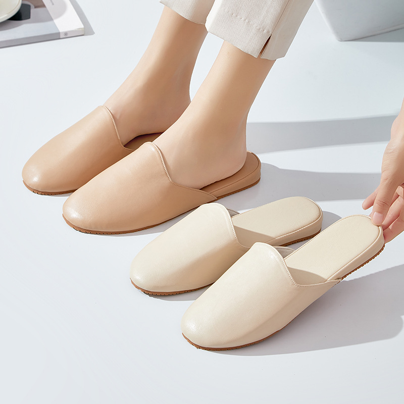 High-grade Leather Slippers Women's Summer Wear High-grade Office Baotou Slippers Women's Indoor Home Non-slip Beef Bottom