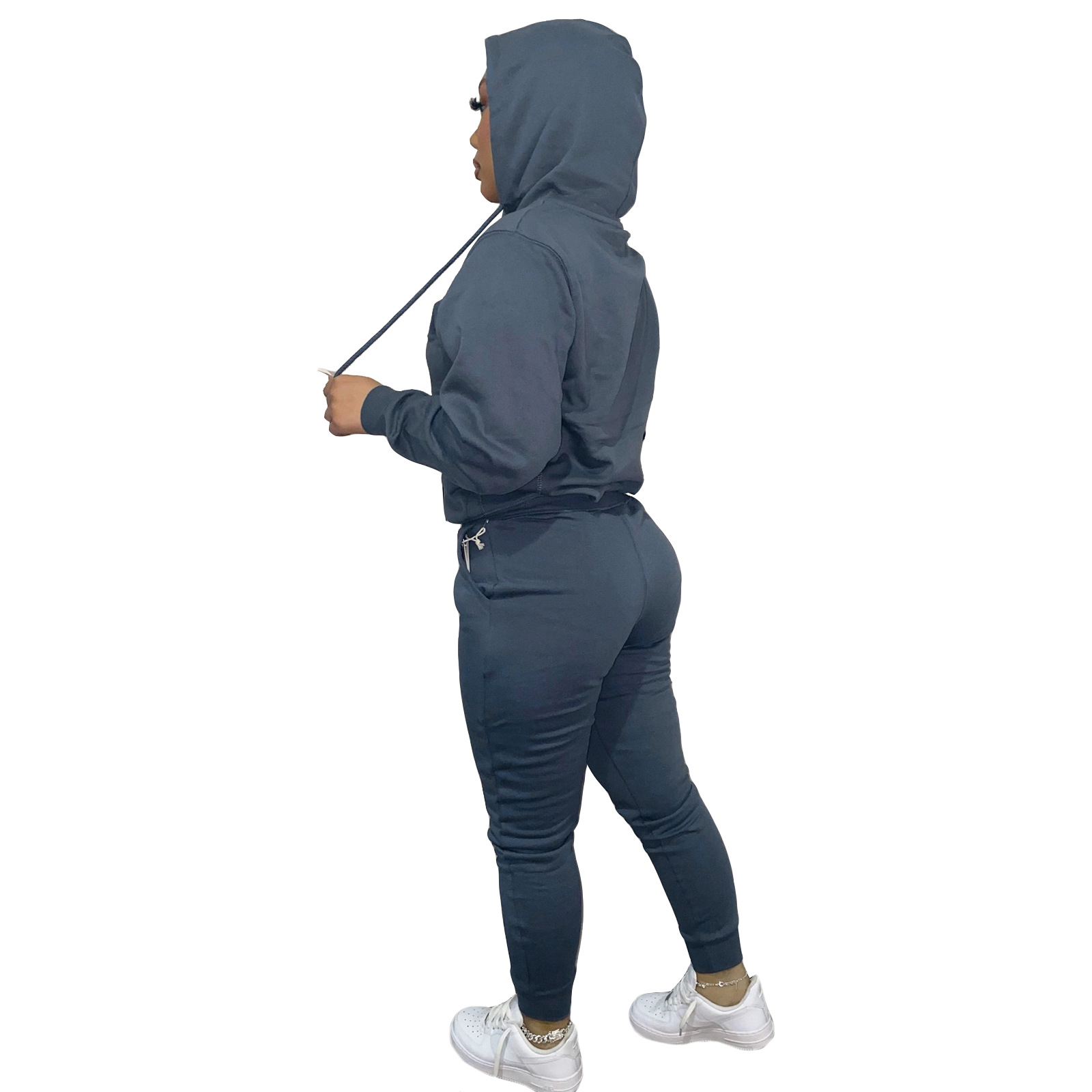 HR8197 European and American women's clothing  independent station supply autumn and winter plus velvet drawstring hooded two-piece set_voghion.com