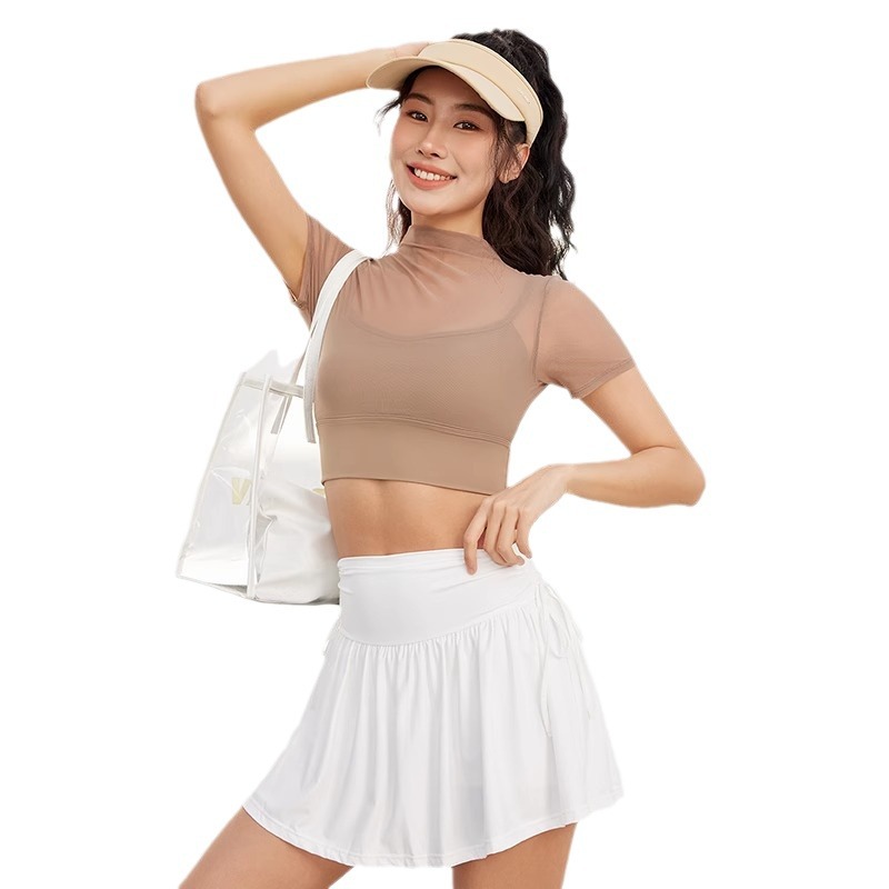 New short-sleeved sports T-shirt fitness clothes mesh sports bra top integrated Cup yoga vest one-piece suit