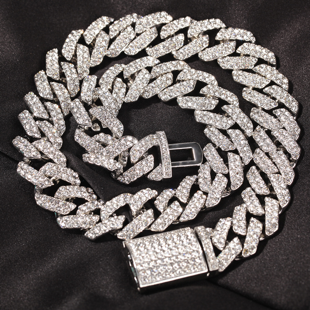 European and American trend plating 18mm Cuban chain men's rock punk full diamond alloy hip hop fashion metal necklace