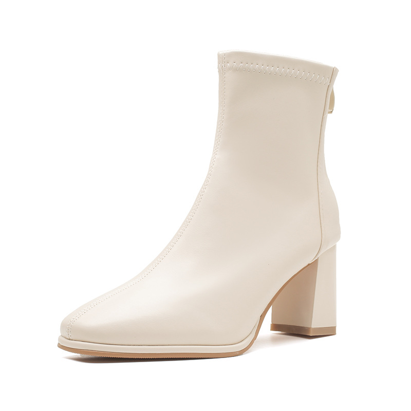 Short boots women's high heel chunky heel 2023 new boots white French square toe autumn and winter single boots fashion mid-calf thin boots
