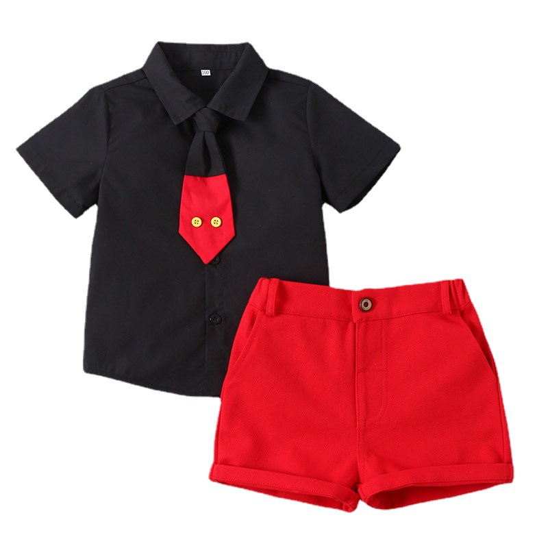 Summer Children's Wear Korean-style Boys' Suit Handsome Tie Children's Solid Color Short-sleeved Shirt Pants Two-piece Set