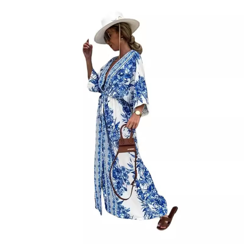 Cross-border Amazon Foreign Trade 2024 Spring and Summer New Temperament V-neck Button Positioning Printing Large Skirt dress Women
