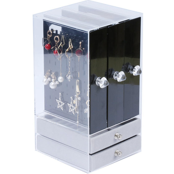 Earring Storage Box Large Capacity Earrings Ear Clip Necklace Finishing Transparent Dustproof Flannel Jewelry Box Storage Two-piece Set