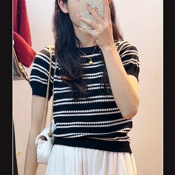 Short-sleeved Chanel Striped Sweater Women's Summer Thin 2023 New Design Slim-fit French Top