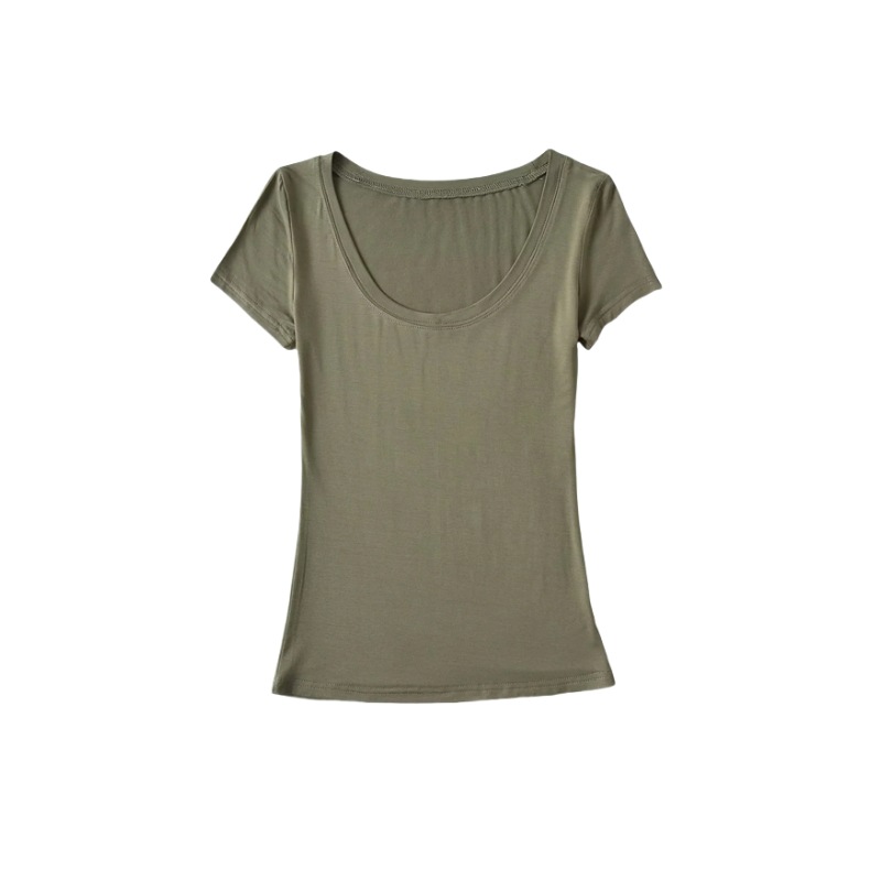 American Style Retro Sexy Large Round Neck Short-sleeved T-shirt Women's Basic Elastic Slim-fit Simple Solid Color Base Pure Desire Top