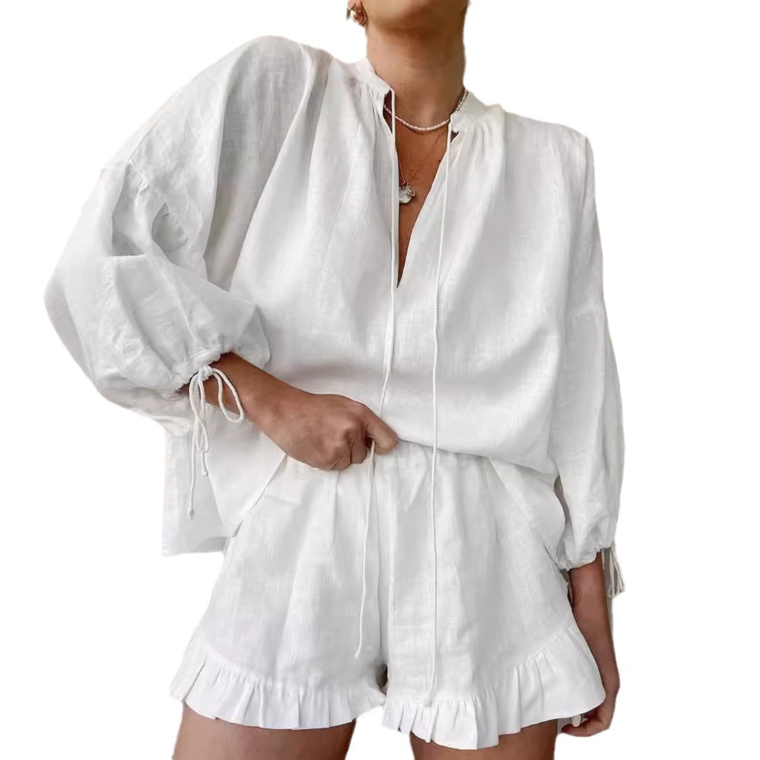Fashion Cotton Linen Solid Color Loose V-neck Lantern Sleeve Shorts Two-piece Set Summer All-match Sexy Lace-up High Waist Suit