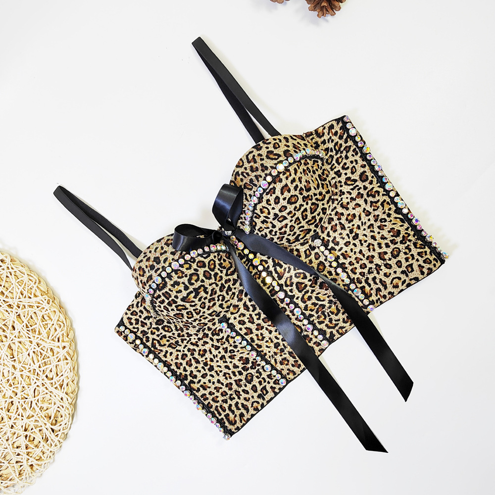 French leopard print tube top outer wear breathable mesh slim Fishbone camisole women's inner thin bow bra