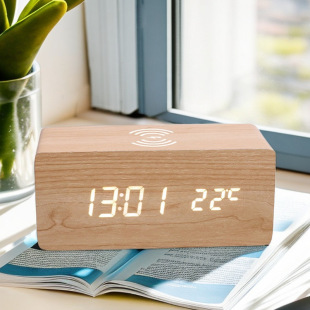 10W smart phone wireless charging wooden clock desktop mute LED electronic clock cross-border digital alarm clock wholesale