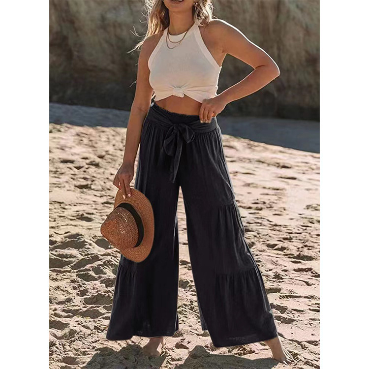 Amazon European and American Summer Women's Fashion Strap Stitching High Waist Pleated Wide Leg Pants Casual Solid Color Loose Pants