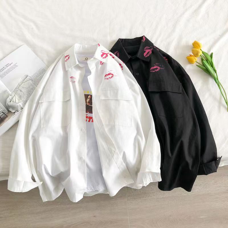 Lip print white long-sleeved shirt men's and women's summer thin niche design high-grade lazy trendy loose shirt