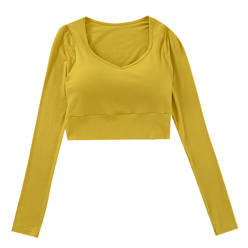 Navel-exposed Long-sleeved T-shirt Women's Bra with Chest Pad One-piece Navel-exposed V-neck Underwear High Waist Base Shirt Autumn New