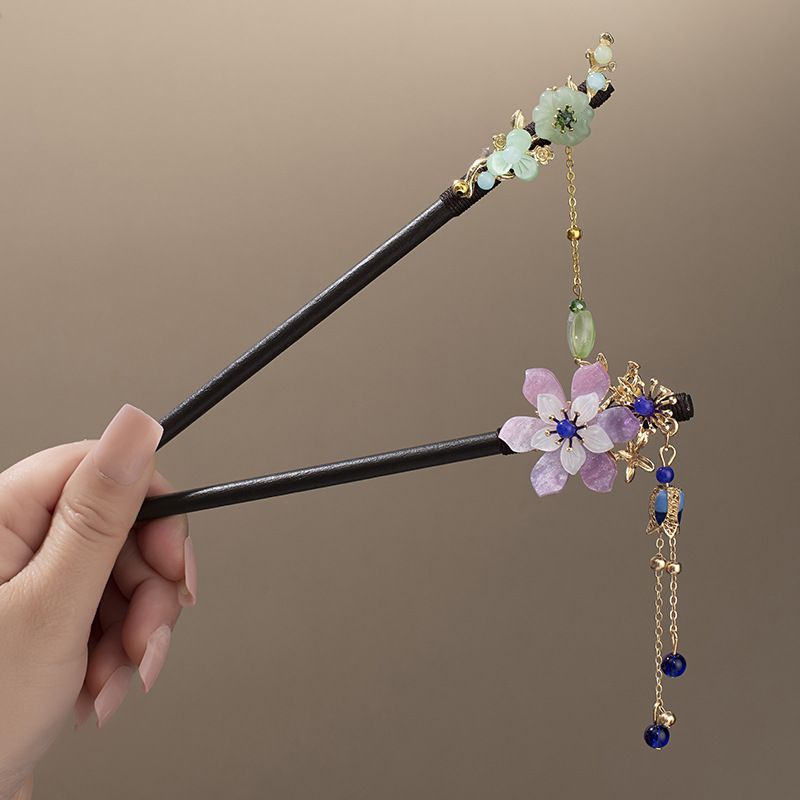 Antique imitation Hetian Jade petals hairpin tassel step hair pin imitation Ebony ancient costume Chinese clothing hair accessories