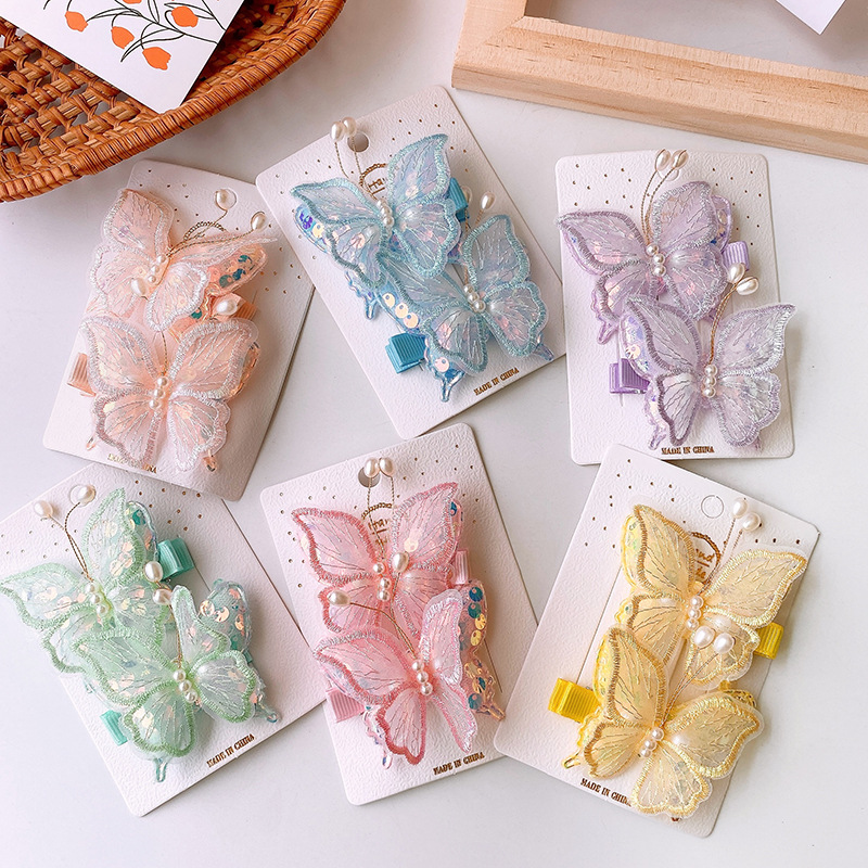 2 Colorful Mesh Lightweight Fairy Style Double-layer Sequin Pearl Butterfly Clip Antique Children's Hanfu Hair Accessories