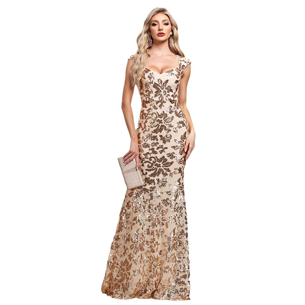 24 Quality New Style Women Sweet Square Collar Formal Mermaid Rose Gold Pattern Sequin Sleeveless Party Evening Dress