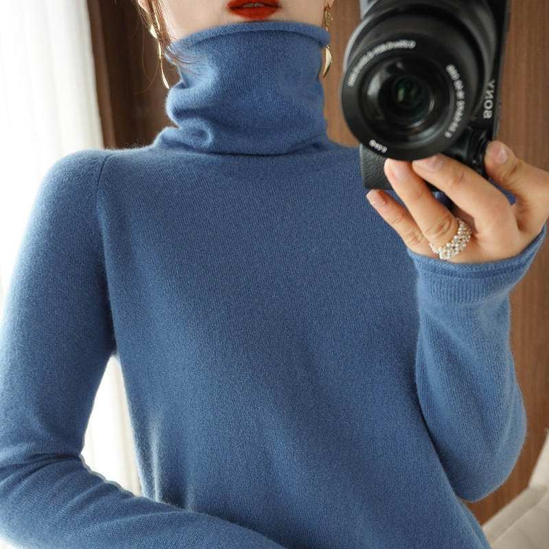 Autumn and Winter New High Collar Knitwear Women's Long-sleeved Sweater Stack Collar Solid Color Loose Slim-fit Base Shirt Top Western Style