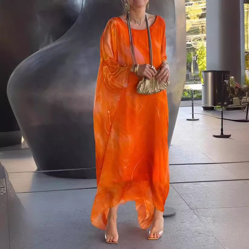 2024 summer new product_European and American cross-border independent station elegant commuter chiffon printed dress marble texture