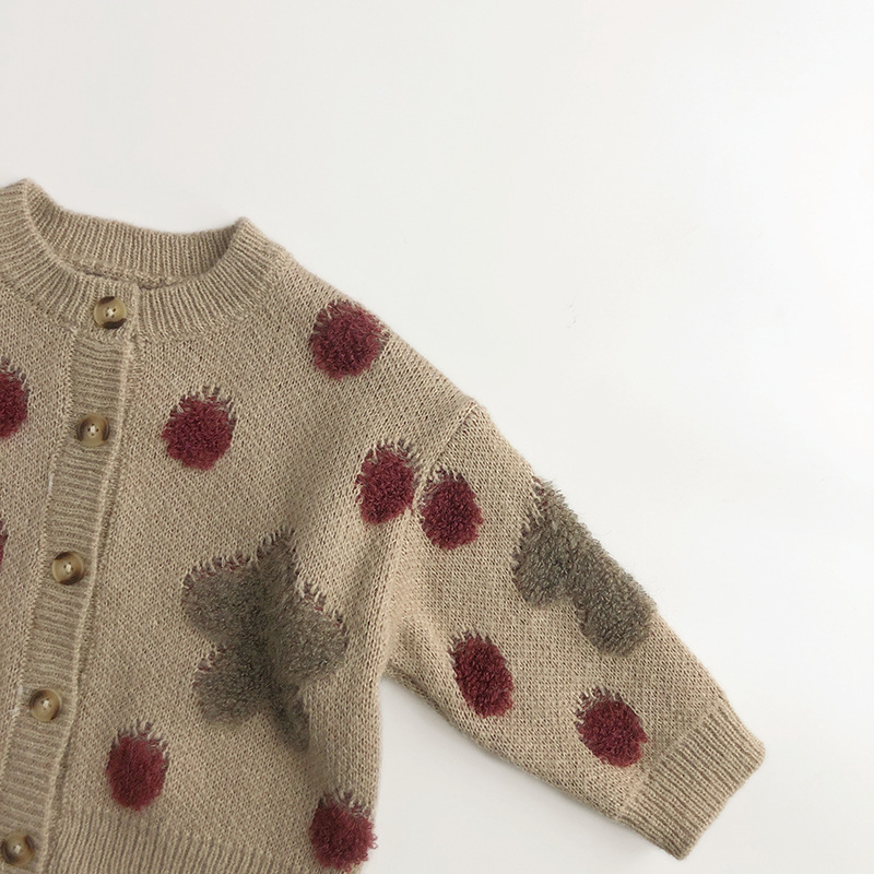 ins versatile ~ Korean style spring and autumn children's sweater Western style men's and women's baby polka dot strawberry Jacquard knitted cardigan coat Mori