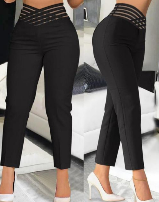 2023 European and American Foreign trade Women's Wear Ribbon hollow belt elegant commuter high waist casual solid color pencil cropped pants