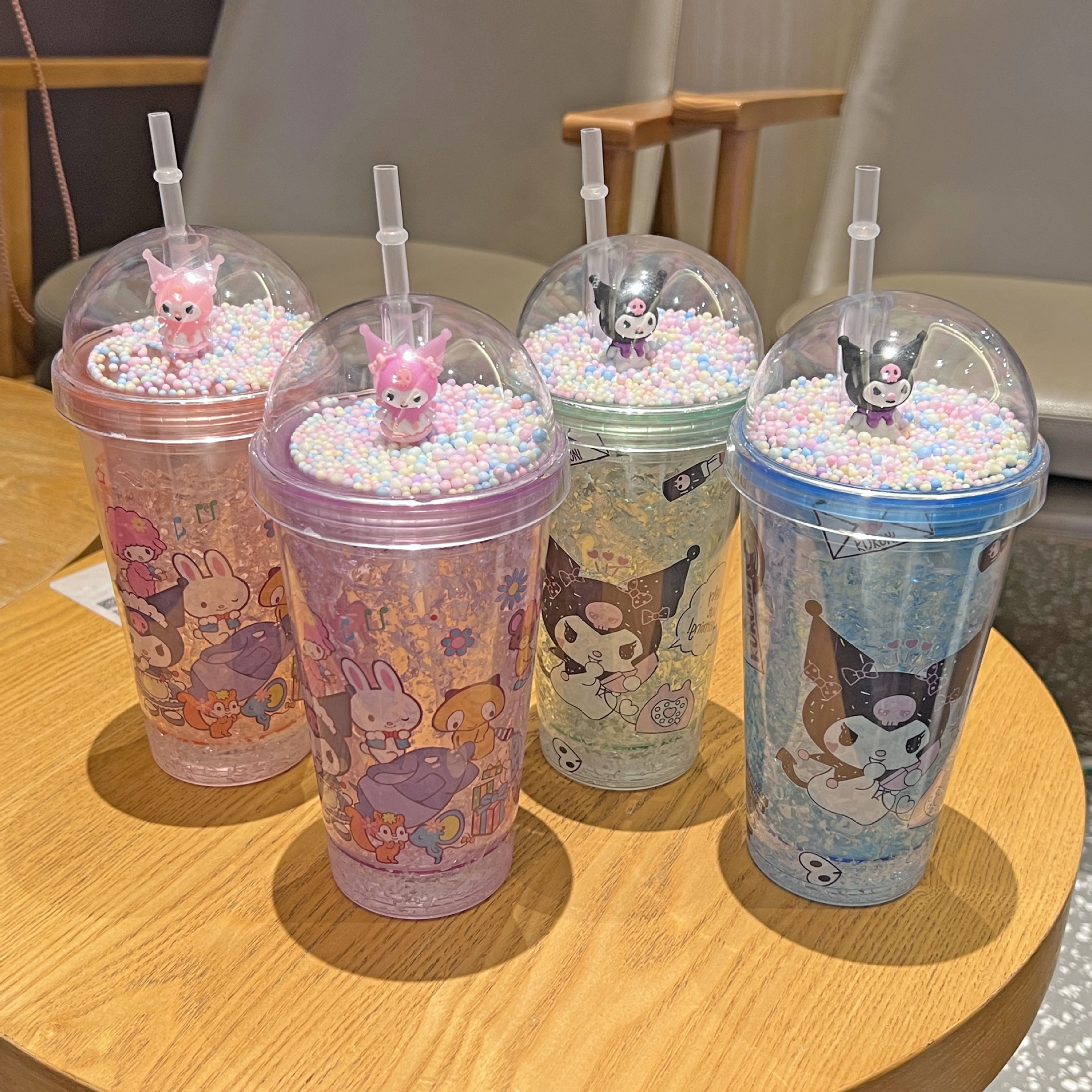 Cross-border new high-value summer net red kulomi cartoon plastic water cup straw water cup double-layer crushed ice cup