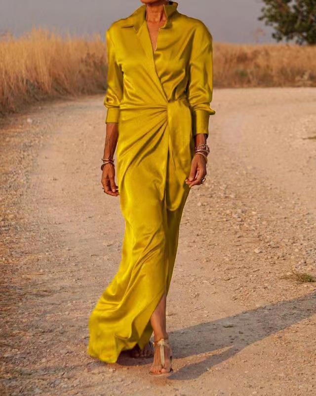 Autumn 2022 European and American New Women's Lace-up High Waist Split Floor Dress Long Sleeve Lapel Sexy Dress